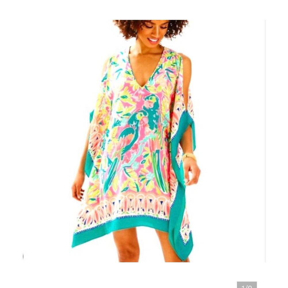 Lilly Pulitzer Atlin Silk Caftan Bird of Paradise Size Small Medium Tiki Pink